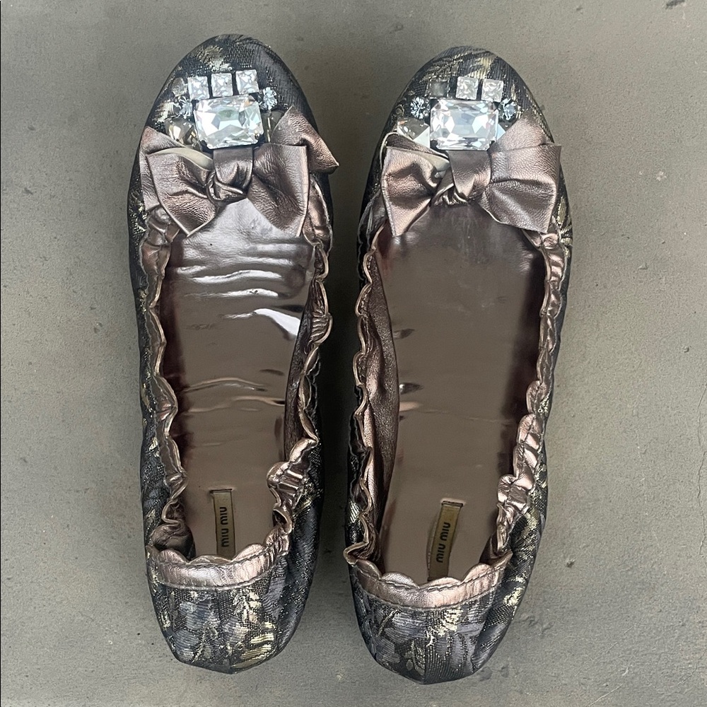 Miu Miu Black and Gold Jeweled Flats